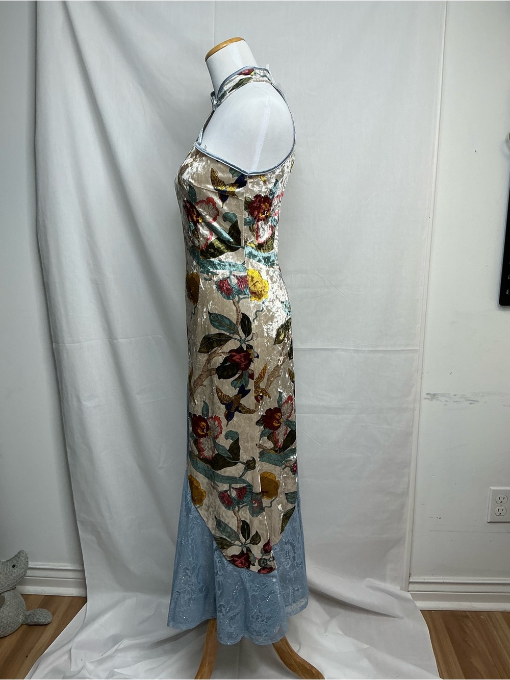 2067 - One-Shoulder Blue & Floral Bias Maxi Dress - Picture 2 of 10